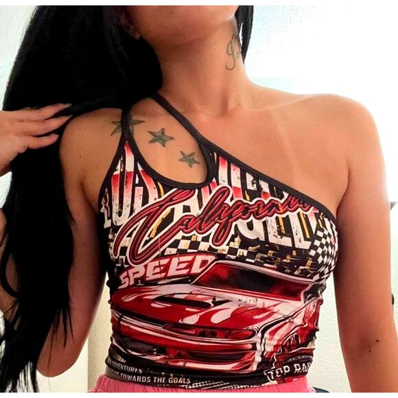 New Medium Red Grunge Motorsport Graphic Racing Car Crop One shoulder Strappy - Picture 1 of 9